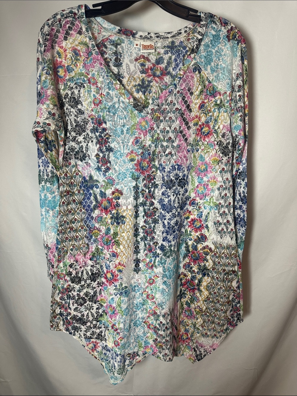 Tianello Multicolor Floral V-Neck Tunic — Pink, Blue, Yellow